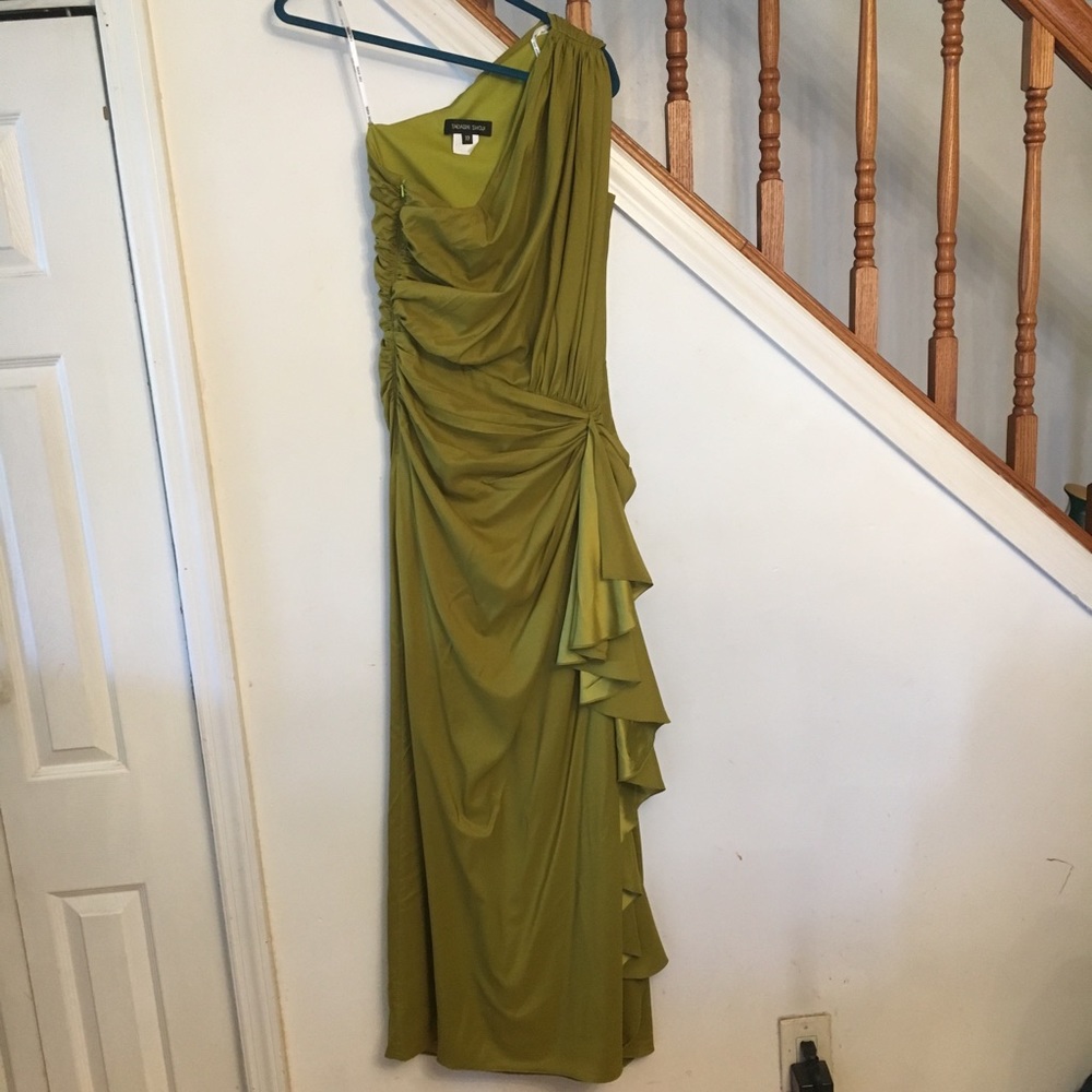 Tadashi Shoji One-Shoulder Green Evening Gown